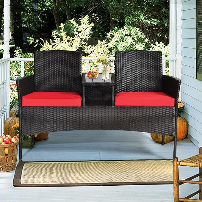 COSTWAY 2-Seat Patio Conversation Sets, Outdoor Patio Loveseat Set with Removable Cushions & Built-in Coffee Table for Backyard, Garden, Lawn, Balcony, Black+Red