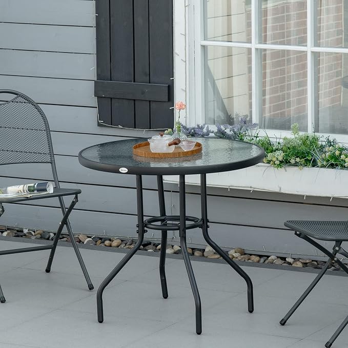 Outsunny 31.5" Round Outdoor Dining Table with Umbrella Hole, Patio Coffee End Side Bistro Table with Tempered Glass Top, Steel Frame for Backyard, Garden, Black
