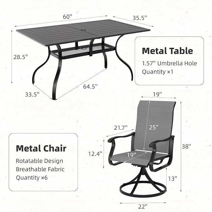 Crownland 7 Piece Furniture Patio Dining Set, 6 Swivel Metal Chairs and Rectangular Outdoor Dining Table with 1.57" Umbrella Hole, Outdoor Furniture Dining Set for Lawn, Backyard, Garden(Grey)