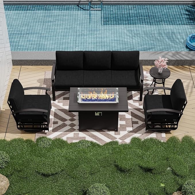 Patio Furniture Set 5-Piece Aluminum Armrest Sofa, Modern Outdoor Living Room Set with 55000 BTU Propane Aluminum Fireplace, Outdoor Rotary Joystick with Thick Cushion