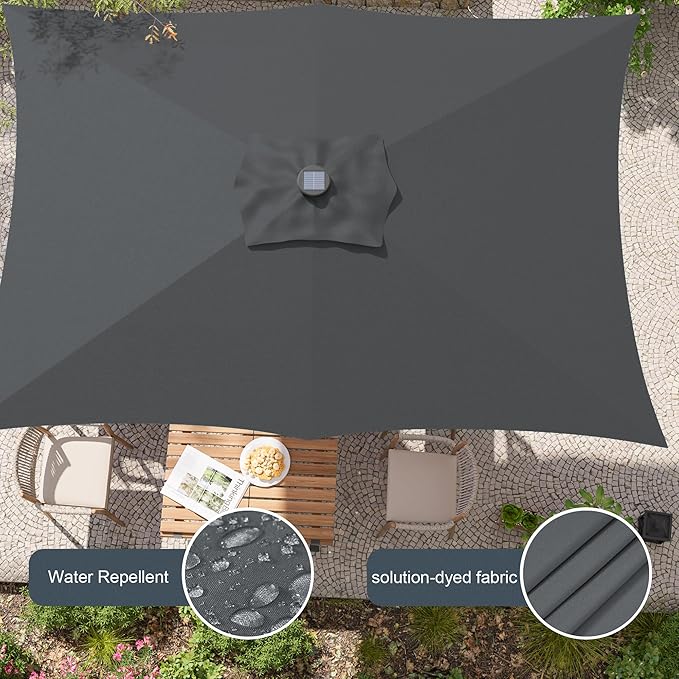 Rectangle Patio Umbrella with Solar Lights, 6x9ft Outdoor Rectangular Table Market Umbrella Patio with Push Button Tilt and Crank for Pool, Deck, Garden,Backyard