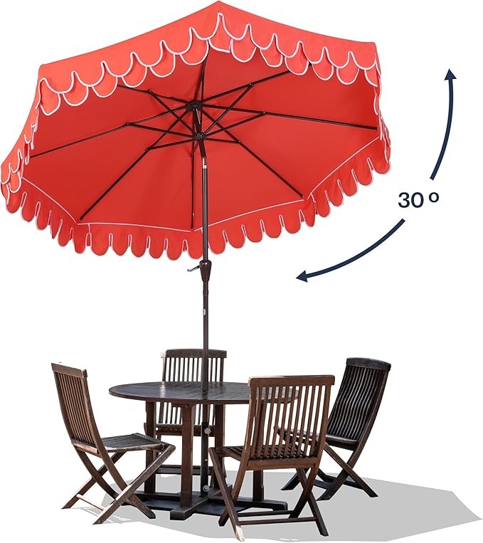 JONATHAN Y Tracy 9 ft. Outdoor Patio Umbrella with Scalloped Edge, Coastal Market Table Umbrella with Crank Lift and Tilt, 8 Sturdy Ribs UV Resistant for Pool, Coral Red, Dark Brown Pole UMB1002A