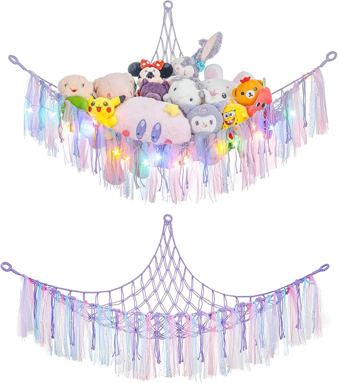 Macrame Stuffed Animal Hammock with LED Lights - Purple Hanging Corner Storage Net for Bedroom Plushie Organization