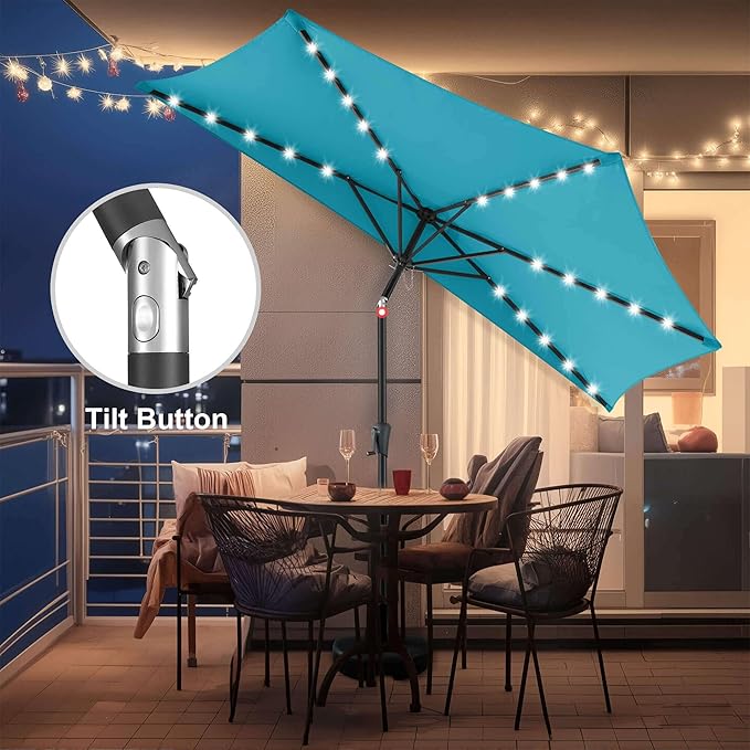 9FT Solar Half Umbrellas Outdoor - LED Half Patio Umbrella with 25 Lights, UV Protection Waterprool, Half Round Umbrella for Wall Balcony, Pool, Porch, Garden, Deck, Backyard, Aqua Blue