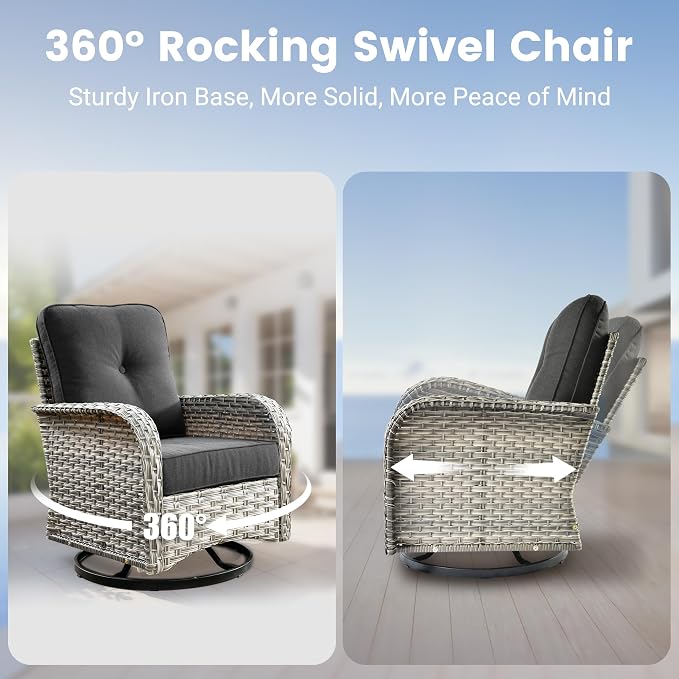 Outdoor Swivel Rocking Chairs Set of 2 with Rattan Side Table, Black