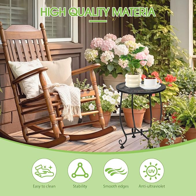 Thyle 2 Pcs Outdoor Side Table with Flower Cutout 13" Metal Small Round Weather Resistant Patio Side Tables for Outside, Balcony, Porch, Garden Bistro Indoor Outdoor Yard(Tropical Leaf)