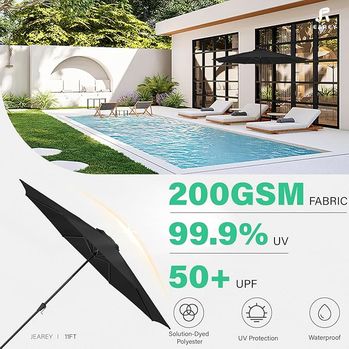 JEAREY 11' Patio Umbrellas Outdoor Table Market Umbrella w/Crank, 8 Sturdy Ribs, UV Protection Windproof for Garden, Deck, Backyard, Pool(Black)