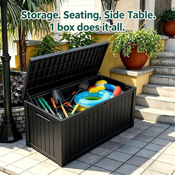 200 Gallon Waterproof Deck Box, Large Resin Outdoor Storage Box for Patio Cushion Storage, Pool Accessories & Garden Tools, 880 Lbs Load Capacity Storage Bins – Lockable Lid, Black