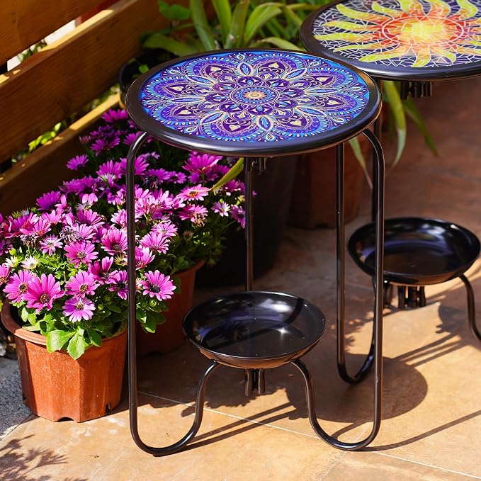 Modern Mosaic Mandala Pattern Glass Patio Table with Bottom Tray - Outdoor Side, Small Accent for Yard, Porch, Garden, Living Room, Coffee Tea, Plant Stand (Blue Mandala)