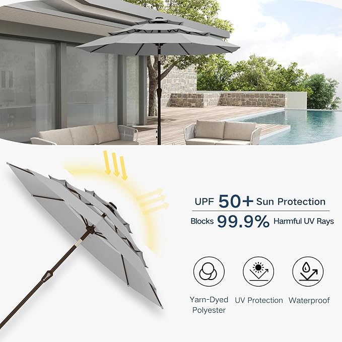 10FT Patio Umbrella 3 Tiers Outdoor Market Umbrella w/Push Button Tilt, Crank, UV and Waterproof Table Umbrella for Garden, Pool, Backyard, Deck, Lawn, Light Gray