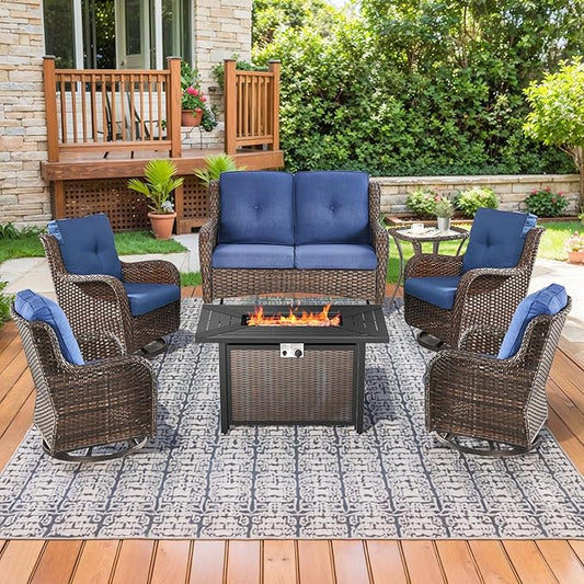 Patio Loveseat Glider Set, Resin Wicker Loveseat Glider with 4 Swivel Patio Chiars Rectangular Firepit Table, 7 Piece Patio Conversation Loveseat Set, Brown Wicker|Blue Cushions