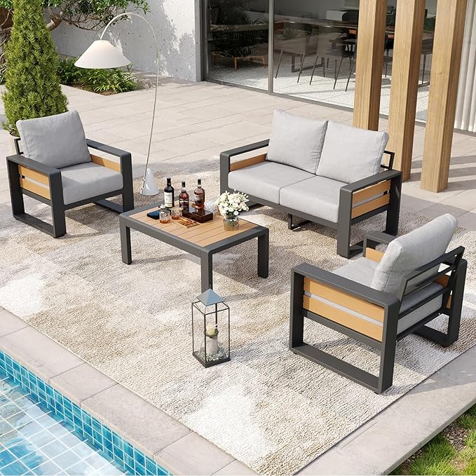 Aoxun Aluminum Patio Furniture Set, 4 Piece Luxury Outdoor Sectional with 6" Olefin Fabric Cushions, Patio Conversation Sets with Coffee Table and Waterproof Cover for Backyard, Porch Light Grey