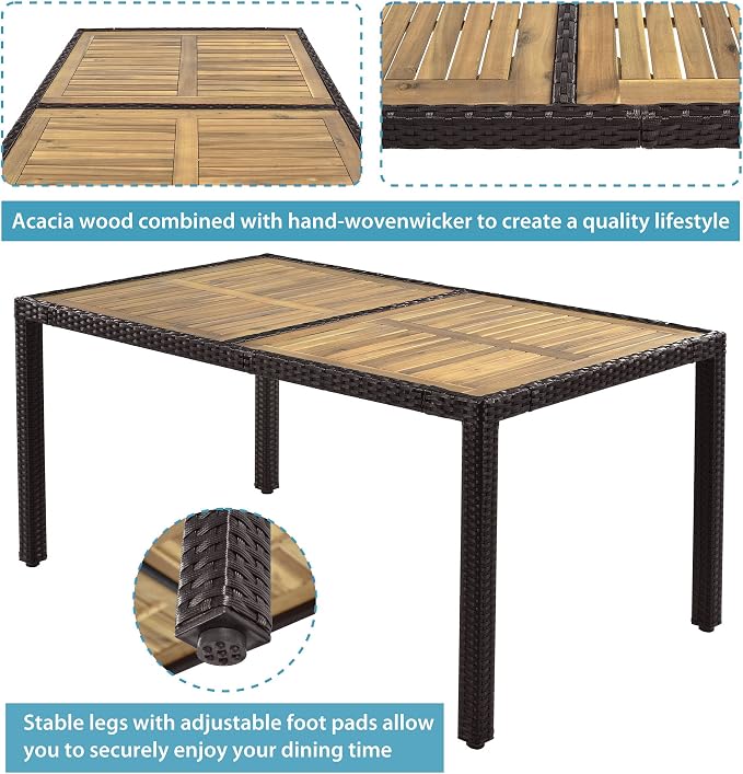 7-Piece Outdoor Patio Dining Set, Garden PE Rattan Wicker Dining Table and Chairs Set, Acacia Wood Tabletop, Stackable Armrest Chairs with Cushions (Brown ~009)