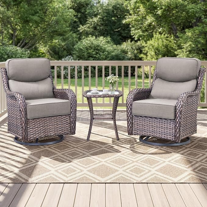 Luxury Swivel Rocker Chairs Set with 6" Thick Cushion 3 piece Wicker Outdoor Swivel Rocker Patio Chair with Side Table High Back Comfortable Outdoor Patio Furniture Set - Brown | Gery