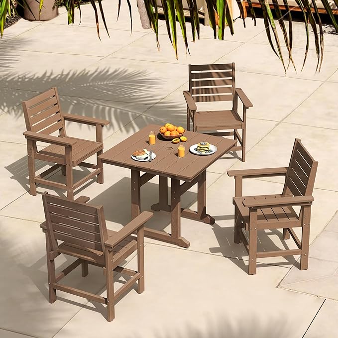 5 Piece Patio Dining Set, 35" Square HDPS Weather Resistant Outdoor Table & 4 Patio Chairs Set with 1.96" Umbrella Hole, Heavy Duty for Small Space Backyard Balcony, Brown
