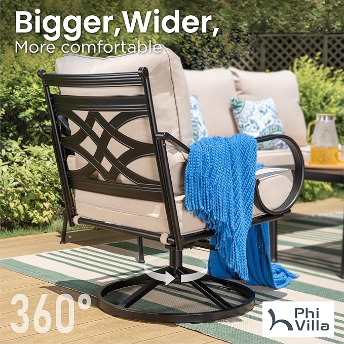 PHI VILLA Extra Large Metal Patio Furniture Sets, All-Weather Steel Frame Heavy Duty Patio Conversation Sets for Backyard, Porch and Garden