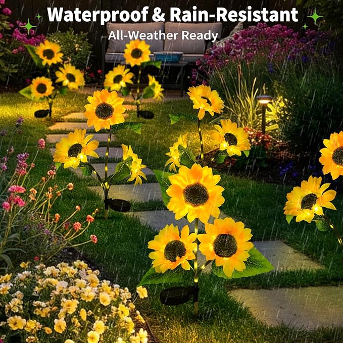 ILLUMINEW 4-Pack Solar Sunflower Garden Decor, 12 LED Flower Stake Lights - Waterproof Long-Lasting Outdoor Solar Patio Decor for Lawn, Yard & Pathway