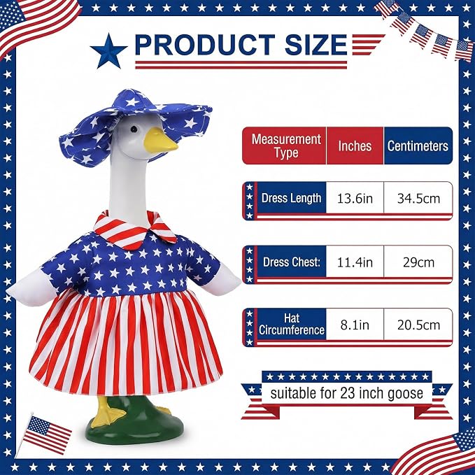 Patriotic Porch Goose Outfits, Porch Goose 4th of July Outfits for 23" Lawn Statue, Cute Independence Day Goose Clothes for Front Porch Outdoor Patio Yard 250th Anniversary Decoration