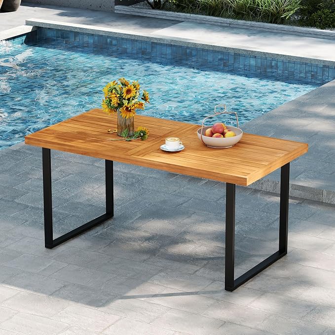 HAPPYGRILL Acacia Wood Patio Dining Table with Umbrella Hole (1.97”), Outdoor Wooden Table for 4-6 People, for Backyard Deck Porch