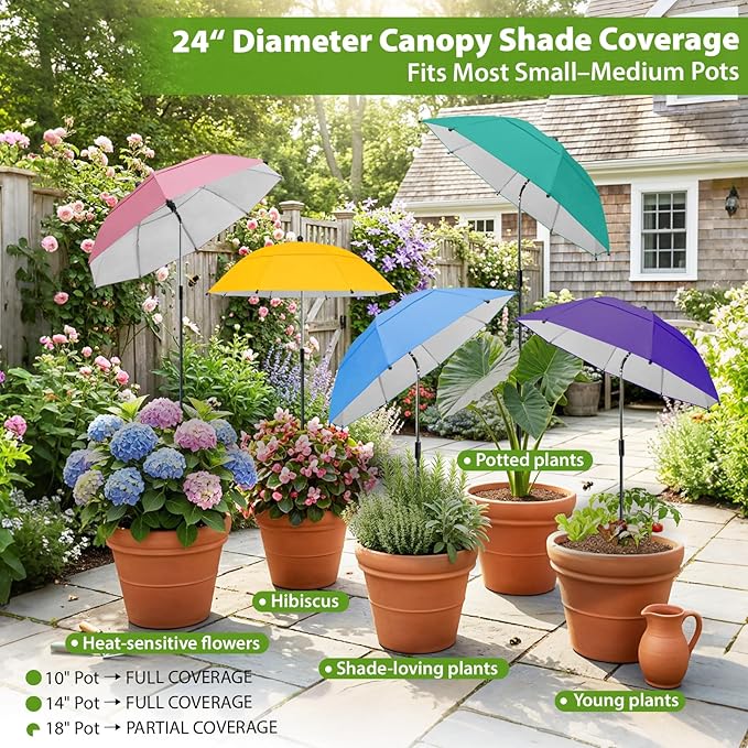 Plant Umbrellas, 5Pack 360°Adjustable Garden Umbrella for Outdoor Plants,24” Large Sun Shade for Garden Beds Potted Plants, 47.8" High Plant Shade Cover Umbrellas for Sun-Sensitive Plants