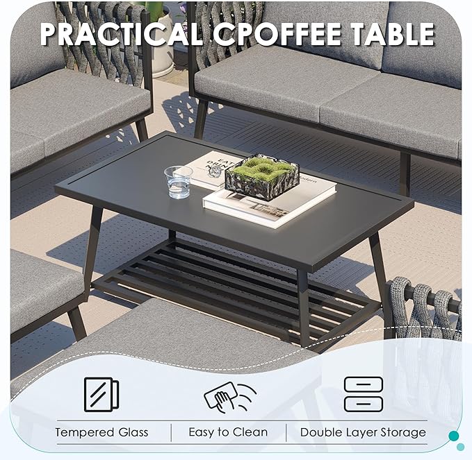 HOMREST Metal Patio Furniture Set, 3 Pieces Outdoor Aluminum Woven Rope Bistro Set with 3-Seater Sofa, Loveseat, Coffee Table, Modern Patio Conversation Set for Balcony, Garden, Yard (5 Seats, Grey)