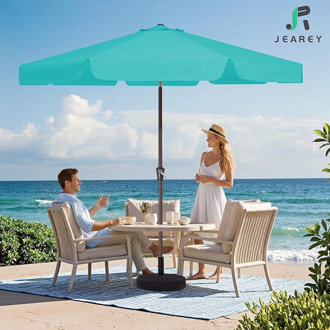 JEAREY 9 FT Patio Umbrella Outdoor, Table Umbrellas Market Umbrella w/Push Button Tilt/Crank, 8 Sturdy Ribs(Teal)