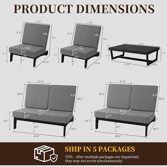 UIXE 5 Pieces All Weather Black Wood Patio Furniture Sets, 2 Patio Loveseat, 2 Patio Bistro Chair, Outdoor Sectional Sofa Furniture Backyard Conversation Set with Coffee Table - Gray