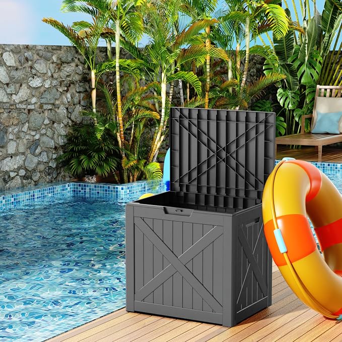 PatioZen 32 Gallon Deck Box,Resin Outdoor Storage Box with Lockable for Patio Furniture, Pool Accessories, Garden Tools, Waterproof Outside Storage Box, Black