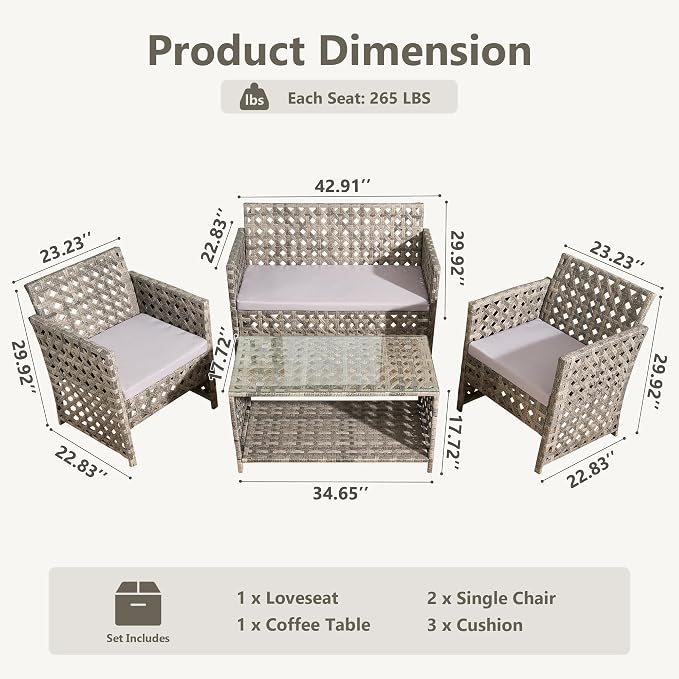 HOOOWOOO 4 Pieces Patio Furniture Set,PE Wicker Outdoor Conversation Sets,Weather Resistant Loveseat with High Back Chairs Table for Porch Balcony Yard Deck,Light Gray