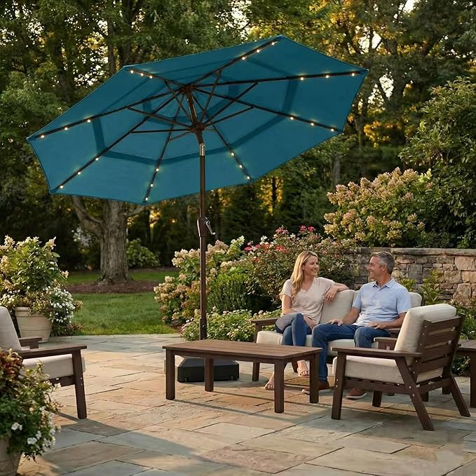 Kingdura 10ft 3-Tier Patio Umbrella with Solar Lights, Table Umbrella Outdoor Patio with Easy Crank & Tilt, 8 Sturdy Ribs, UV Protection, 32 LED Lights for Deck, Poolside, Market (Lake blue)