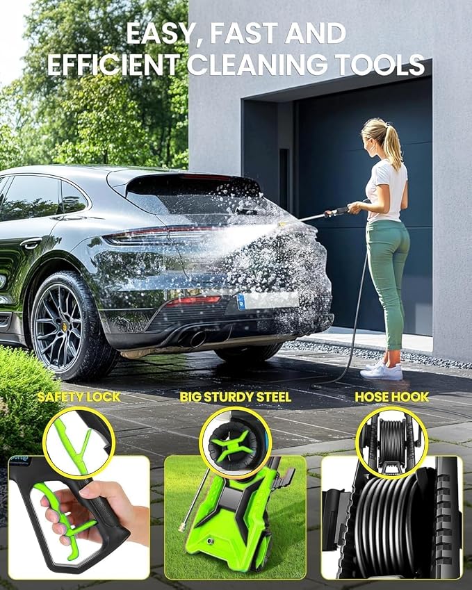 5000PSI Electric Pressure Washer, 2500-5000 PSI Adjustable Power Washer with 33ft Hose Reel, 4 Nozzles & Detergent Tank for Cars/Home/Driveways, Green