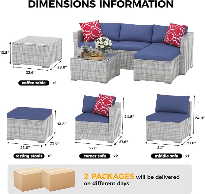 5 Piece Outdoor Patio Furniture Set, Rattan Deck Conversation Sofa Set with Non-Slip Cushions, All-Weather Sectional Sofa with Glass Storage Table and Balcony Footstool, Poolside, Garden, Gray+Blue