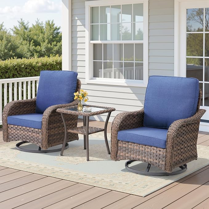 3 PCS Patio Swivel Rocking Chairs Set, Outdoor Wicker Furniture with 4-Inch Thick Olefin Cushions & Side Table, 300 lbs Capacity Swivel Rocker Chairs for Porch, Balcony, Backyard, Blue