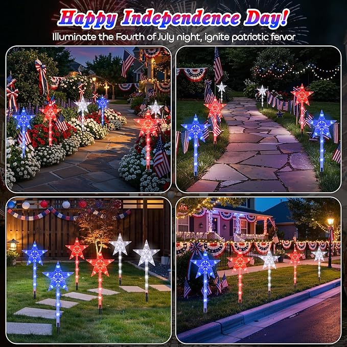 Lewondr 4th of July Decorations Outdoor, 6Pcs Solar Pathway Lights with 90 LEDs, 8 Modes Red White and Blue Star Fouth of July Decor, Waterproof Patriotic Solar Lights for Yard Garden Independence Day