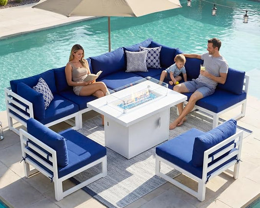 RADIATA 9 Piece Large Modern Aluminum Outdoor Patio Furniture Set with Fire Pit Table, 29 inch Wide Deep Seat, Rust Proof Comfy Sectional Sofa, 500 lbs Sturdy Front Yard Conversation Set, Navy Blue