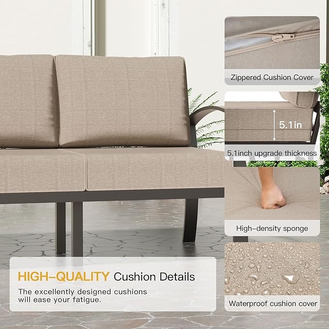 Aluminum Patio Furniture Set with Coffee Table,5 Seats Metal Modern Outdoor Furniture Set w/5.1" Thick Cushions,Patio Sectional w/Swivel Chairs for Backyard,Patio,Sand
