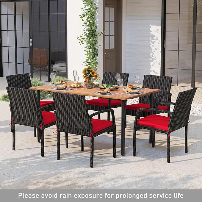 Tangkula 7 Pieces Outdoor Dining Set, Patio Acacia Wood Table and PE Rattan Chairs with Soft Cushions and 2” Umbrella Hole for Deck, Garden and Backyard