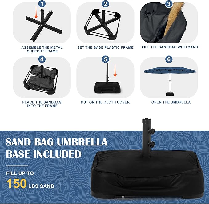 Sundale Outdoor Olefin 5-Year-Non-Fading 15 ft Patio Umbrella with Sand Bag Base and Cover, Large Outdoor Double-Sided Umbrella