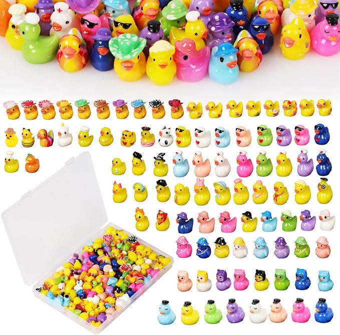 100 Pack Multicolor Mini Resin Ducks to Hide, 35 Unique Styles Solid Little Ducks, Tiny Miniature Duck Figures Bulk for Garden, Terrarium, Potted Plants & Micro Landscape Decor