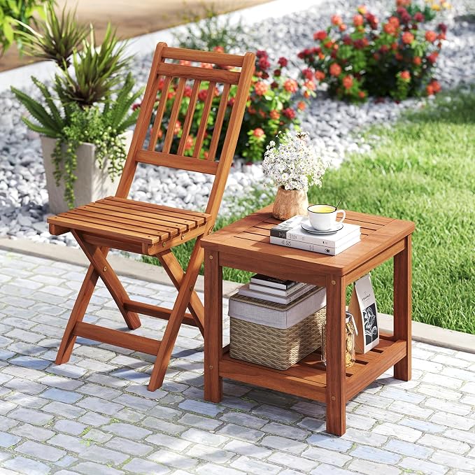 Tangkula Outdoor Side Table, 2-Tier Solid Wood Patio Table with Slatted Tabletop & Storage Shelf, Indoor Outdoor Square Small End Table for Patio, Garden, Yard, Porch, Living Room (2)