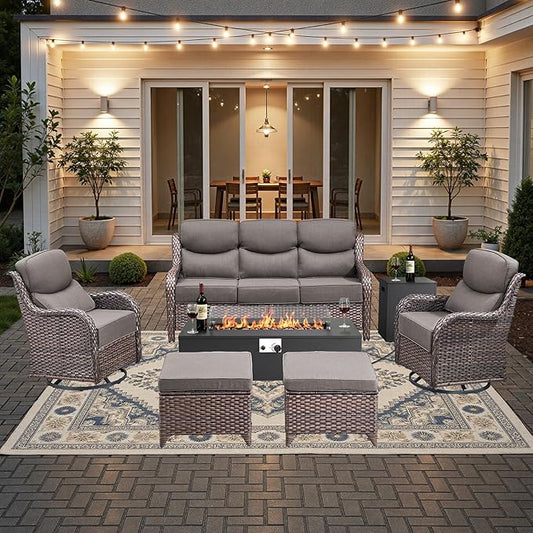 HUMMUH Luxury Patio Furniture Set 6-inch Thick Cushions High Back Swivel Rocker Chairs & 3 Seater-Couch & Steel Fire Pit Table 7 Pieces Outdoor Conversation Set for Porch,Deck,Backyard