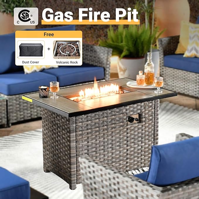 16 Pieces Patio Furniture Conversation Set with 42" Fire Pit Table Rocking Chair Outdoor Sectional Gray Wicker Sofa Set