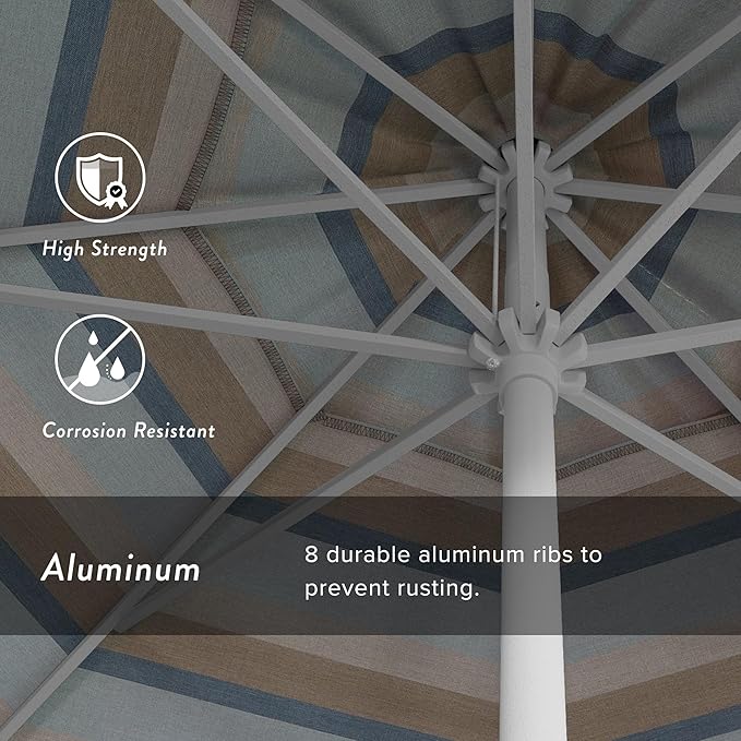 California Umbrella 12-Year Protection 9' Rd Aluminum Patio Umbrella, Crank Lift, Auto Tilt, White Finish, Sunbrella Gateway Mist