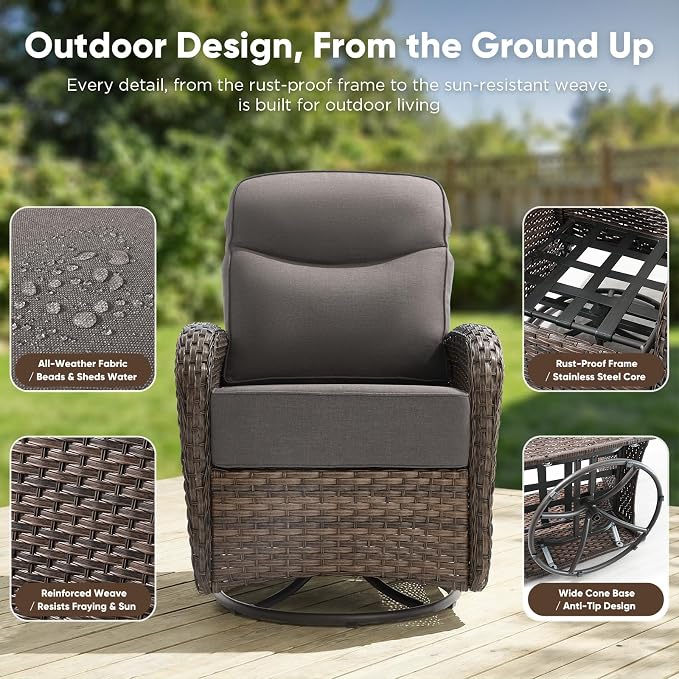 HUMMUH 4PCS Outdoor Swivel Rocker Patio Chairs with 6-inch Thick Cushion, Luxury High Back Patio Furniture Set,Wicker Conversation Set for Deck Yard and Poolside