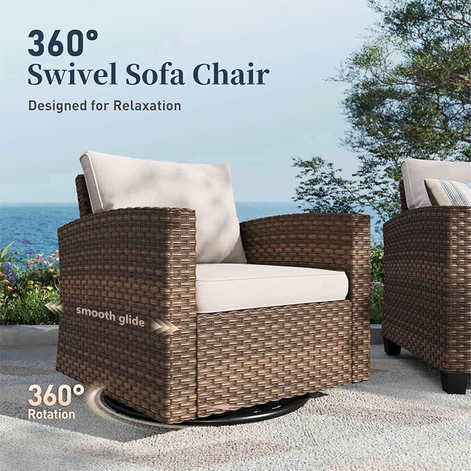 SUNSHINE VALLEY Swivel Glider Patio Furniture Set Outdoor Furniture Brown Wicker Rattan Patio Conversation Sets with Cushion Outside Sofa Set,7 Pieces 9 Seats,Beige