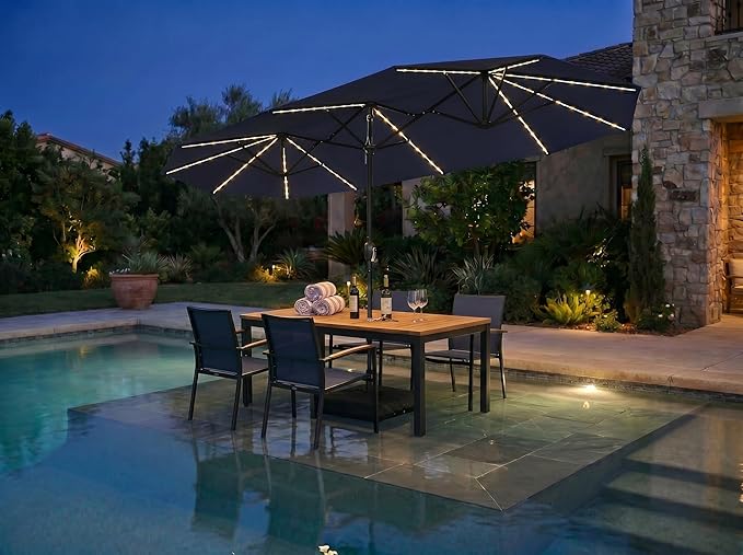 PURPLE LEAF 13ft Patio Market Umbrella with Solar LED and Base Double-Sided Rectangle Outdoor Table Sun Umbrellas with Crank for Pool Beach Deck Backyard Navy Blue