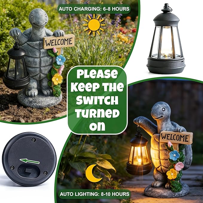 Solar Garden Statues, Resin Turtle Flower Statue w/ Welcome Sign, Waterproof Garden Figurine for Outside Yard Outdoor Home Patio Lawn Decor, Solar Animal Light for Adults Women Birthday Easter Gifts