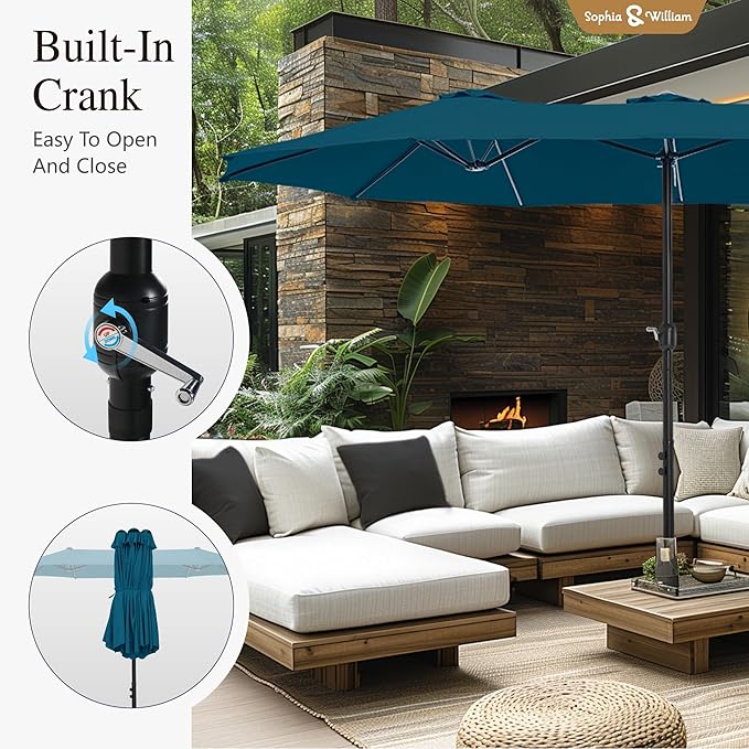 Sophia & William 15 ft Extra Large Patio Umbrella with Base Included, Rectangular Outdoor Umbrella Heavy Duty, Market Umbrella Double-sided Fade Resistant for Pool Garden Backyard, Cyan-blue