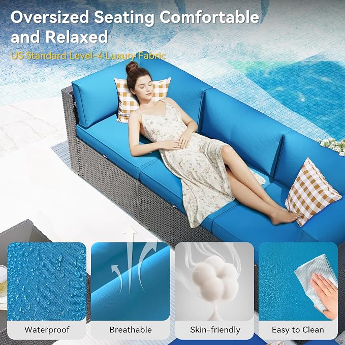 Aoxun Patio Furniture Set with Swivel Rocker Chairs, 10 Piece Outdoor Sectional Sofas, Wicker Rattan Outdoor Furniture with Thickened Cushion for Backyard, Garden Peacock Blue