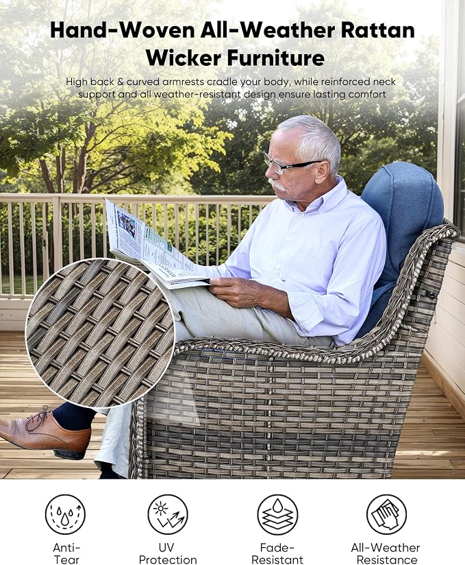 HUMMUH 10 Pieces Patio Furniture Set with Fire Pit High Back Wicker Outdoor Furniture Set Swivel Rocker Chairs 3-Seater Couch for Porch,Deck,Backyard